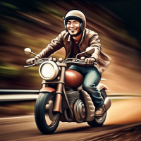 40 years old man driving the motorcycle on a high speed looking to the future with smile 