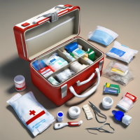 An organized and detailed depiction of a first aid kit, open to reveal essential medical supplies. The kit is neatly arranged, with items like bandages, antiseptic wipes, gauze, scissors, tweezers, adhesive tapes, and a thermometer. The background is neutral, allowing the focus to be on the well-organized medical tools, each clearly visible and labeled. The kit itself is sturdy and compact, with a red cross symbol on the exterior, symbolizing emergency preparedness and health care. The atmosphere should feel reassuring and practical, highlighting the importance of being ready for emergencies